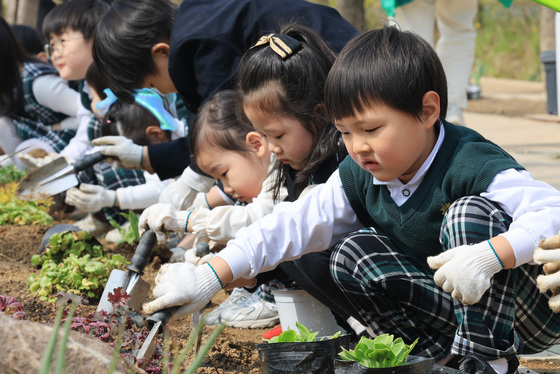 '화초 심기 집중하는 아이들'