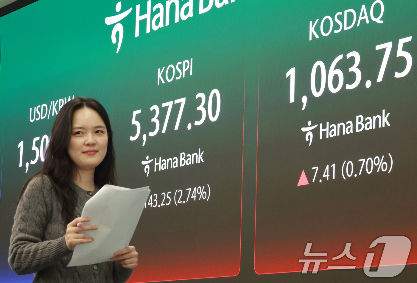 (서울=뉴스1) 이호윤 기자 = 3일 서울 중구 하나은행 딜링룸에 종가가 표시되고 있다. 이날 코스피는 전 거래일대비 143.25포인트(2.74%) 오른 5377.30, 코스닥 지 …
