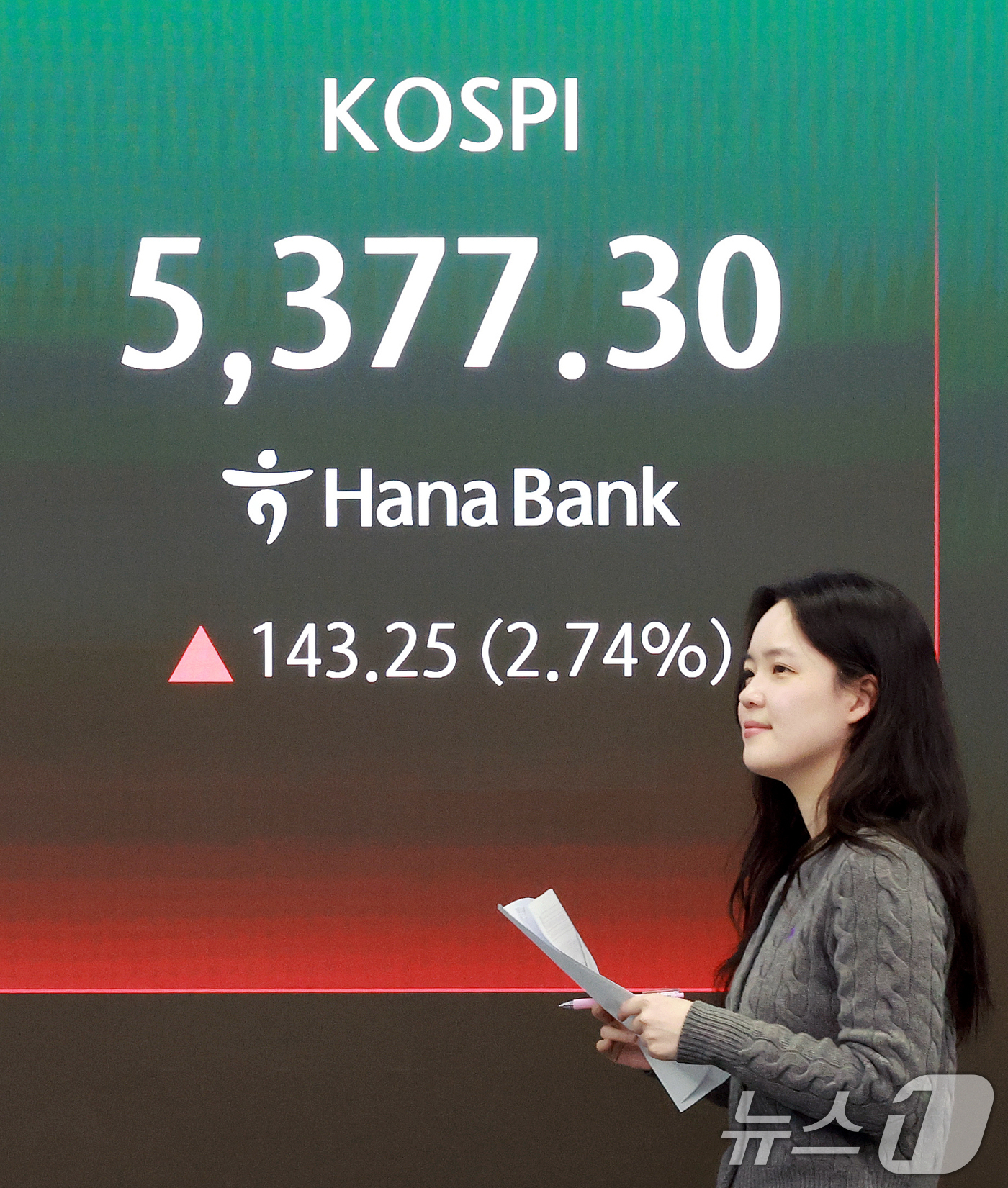 (서울=뉴스1) 이호윤 기자 = 3일 서울 중구 하나은행 딜링룸에 종가가 표시되고 있다. 이날 코스피는 전 거래일대비 143.25포인트(2.74%) 오른 5377.30, 코스닥 지 …