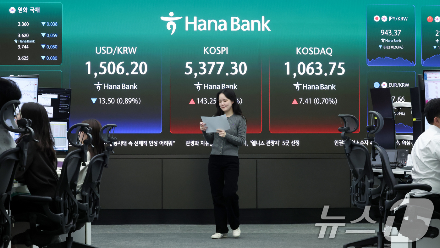 (서울=뉴스1) 임지훈 인턴기자 = 3일 서울 중구 하나은행 딜링룸에 종가가 표시되고 있다. 이날 코스피는 전 거래일대비 143.25포인트(2.74%) 오른 5377.30, 코스닥 …