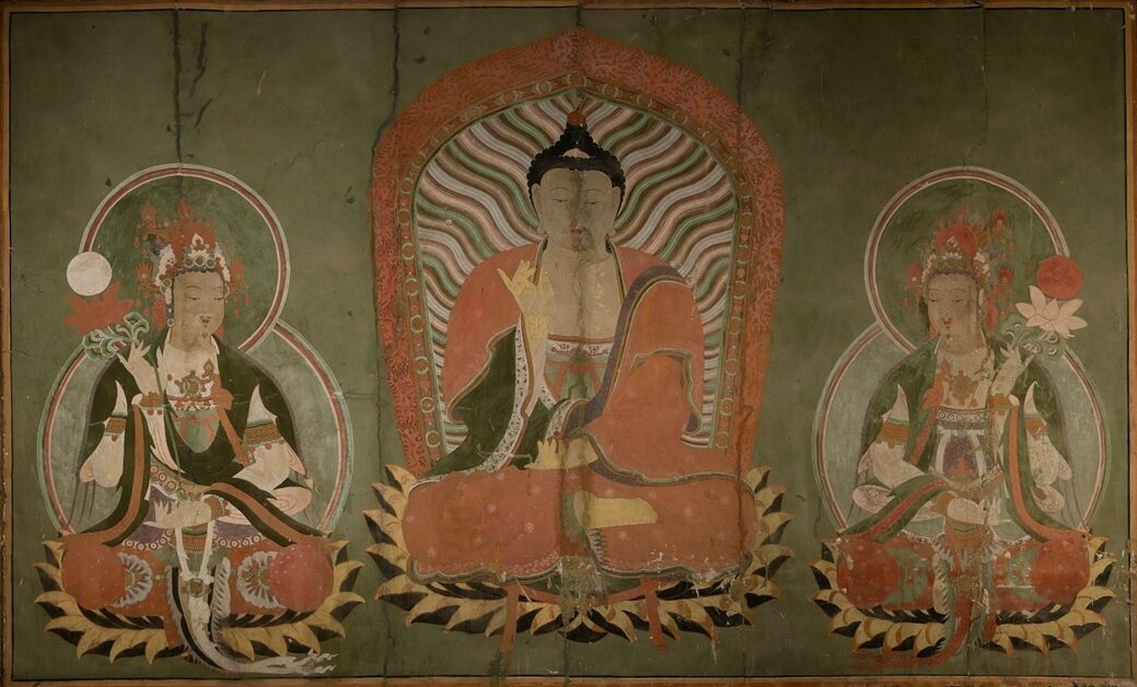 본문 이미지 - 부산 범어사 대웅전 벽화 '약사여래삼존도'(국가유산청 제공)