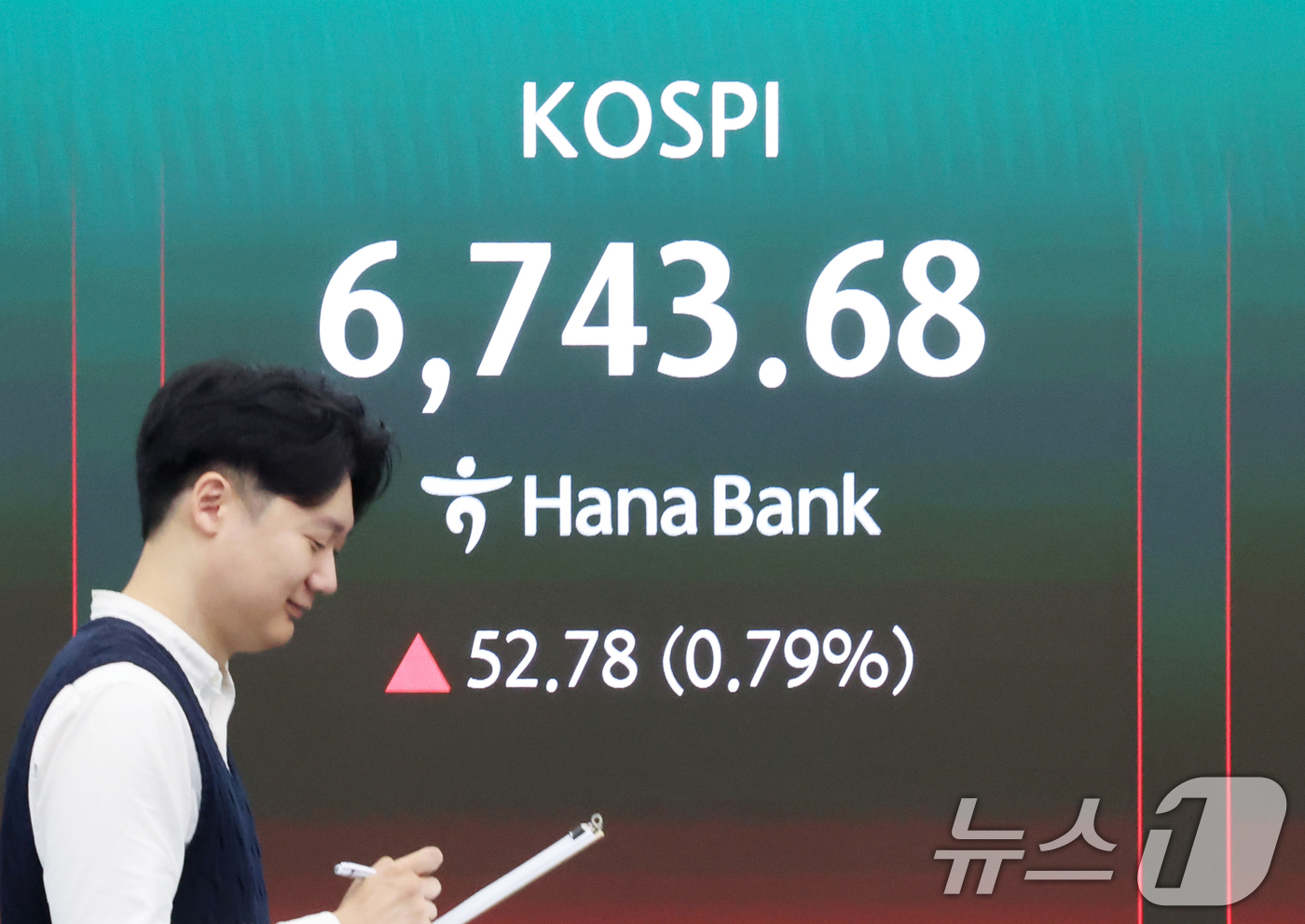 (서울=뉴스1) 조연우 인턴기자 = 코스피 지수가 장 초반 강세 흐름을 이어간 30일 오전 서울 중구 하나은행 딜링룸 전광판에 시황이 표시되고 있다. 이날 코스피는 전 거래일 대비 …