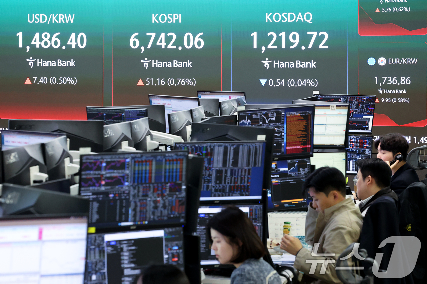 (서울=뉴스1) 조연우 인턴기자 = 코스피 지수가 장 초반 강세 흐름을 이어간 30일 오전 서울 중구 하나은행 딜링룸 전광판에 시황이 표시되고 있다. 이날 코스피는 전 거래일 대비 …