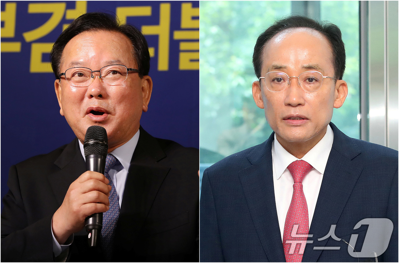 (대구=뉴스1) 공정식 기자 = 김부겸 더불어민주당 대구시장 후보(왼쪽)가 30일 오전 대구 남구 이천동 대구아트파크에서 열린 아시아포럼21 초청 토론회에 참석해 발언하고 있는 가 …