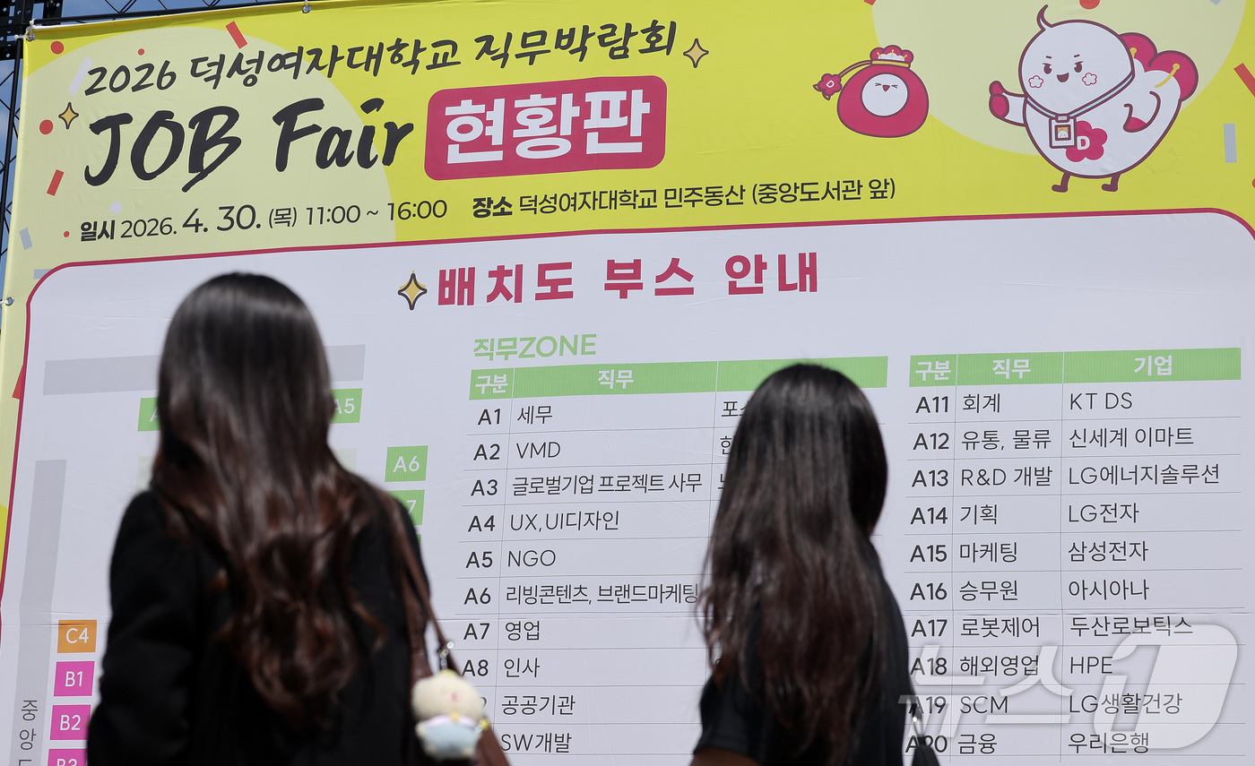 (서울=뉴스1) 김성진 기자 = 30일 서울 도봉구 덕성여자대학교 민주동산에서 열린 2026 덕성여자대학교 직무 박람회 JOB Fair에서 학생들이 부스 배치도를 살펴보고 있다. …
