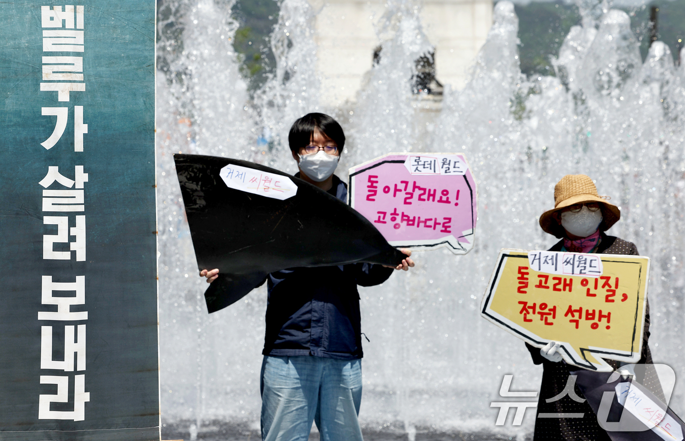 (서울=뉴스1) 조연우 인턴기자 = 30일 서울 종로구 광화문광장에서 환경보건시민센터 관계자들이 거제씨월드 돌고래 폐사를 규탄하며 ‘고래를 바다로 돌려보내라’는 기자회견을 하고 있 …