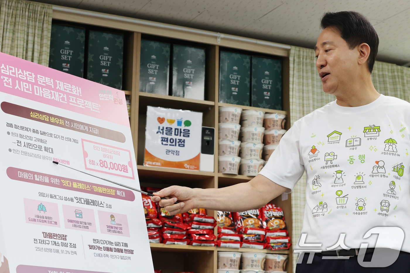 (서울=뉴스1) 박지혜 기자 = 오세훈 국민의힘 서울시장 후보가 30일 오후 서울 관악구 신림동 성민종합사회복지관에 위치한 서울마음편의점 관악점을 방문해 두번째 공약인 '마음체력 …