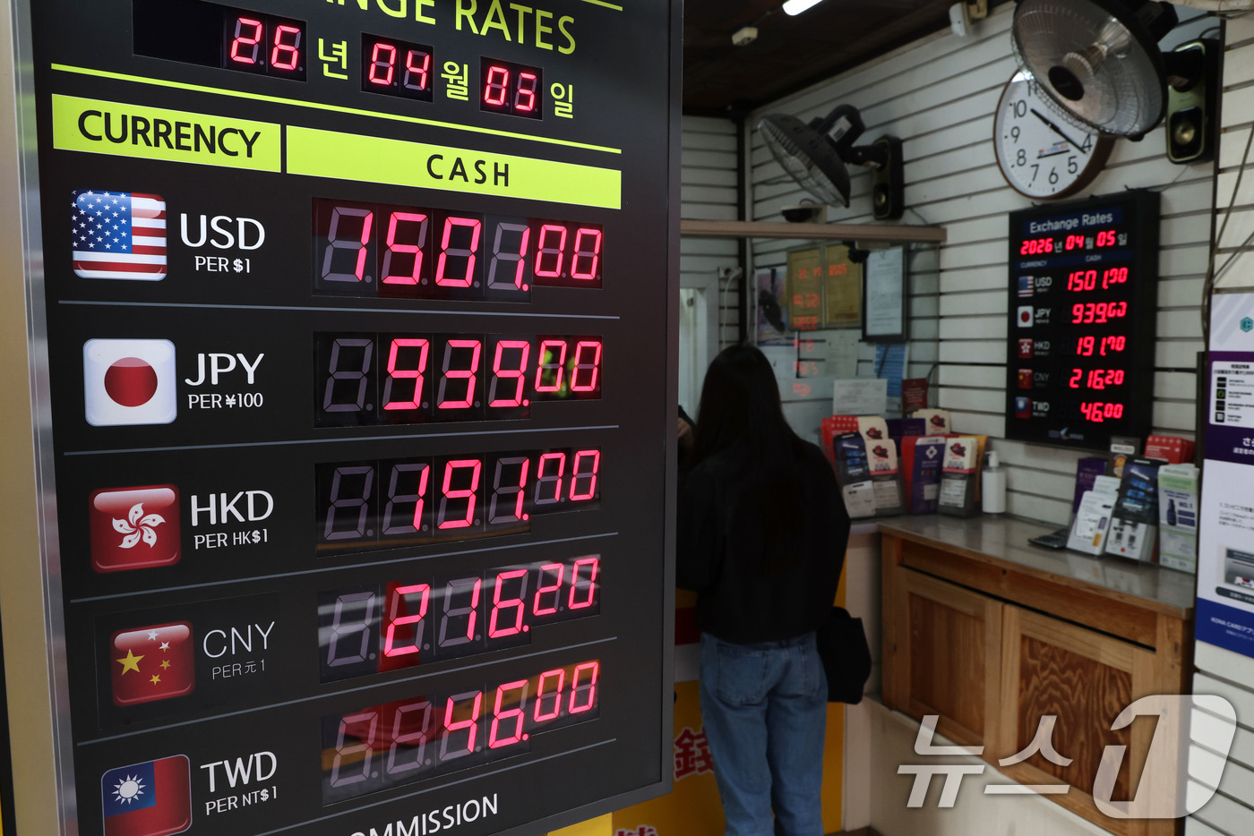 (서울=뉴스1) 이광호 기자 = 중동 사태 여파로 고환율 부담이 이어지고 있는 5일 오전 서울 중구 명동의 한 환전소 전광판에 원·달러 환율이 표시되고 있다.원·달러 환율은 150 …