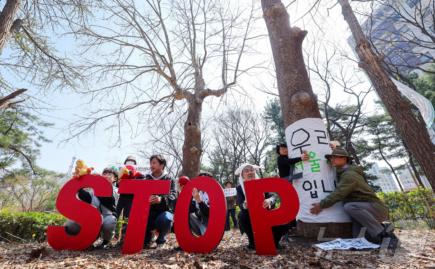 (서울=뉴스1) 김성진 기자 = 식목일을 맞은 5일 서울 종로구 경희궁 숭정문에서 환경보건시민센터와 서울환경연합 관계자들이 나무보호 캠페인 '나무야 나무야, 미안해'를 하고 있다. …