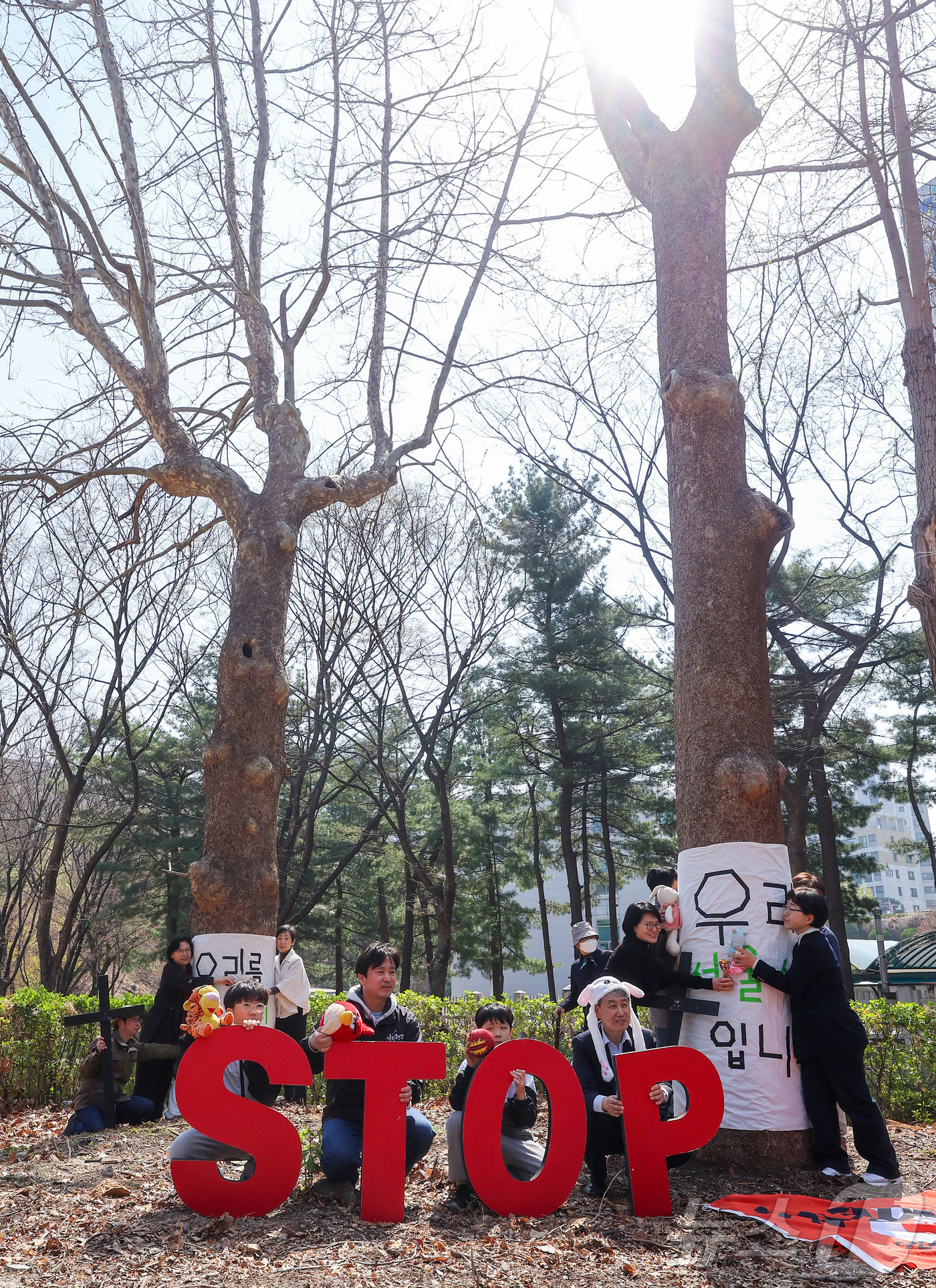(서울=뉴스1) 김성진 기자 = 식목일을 맞은 5일 서울 종로구 경희궁 숭정문에서 환경보건시민센터와 서울환경연합 관계자들이 나무보호 캠페인 '나무야 나무야, 미안해'를 하고 있다. …