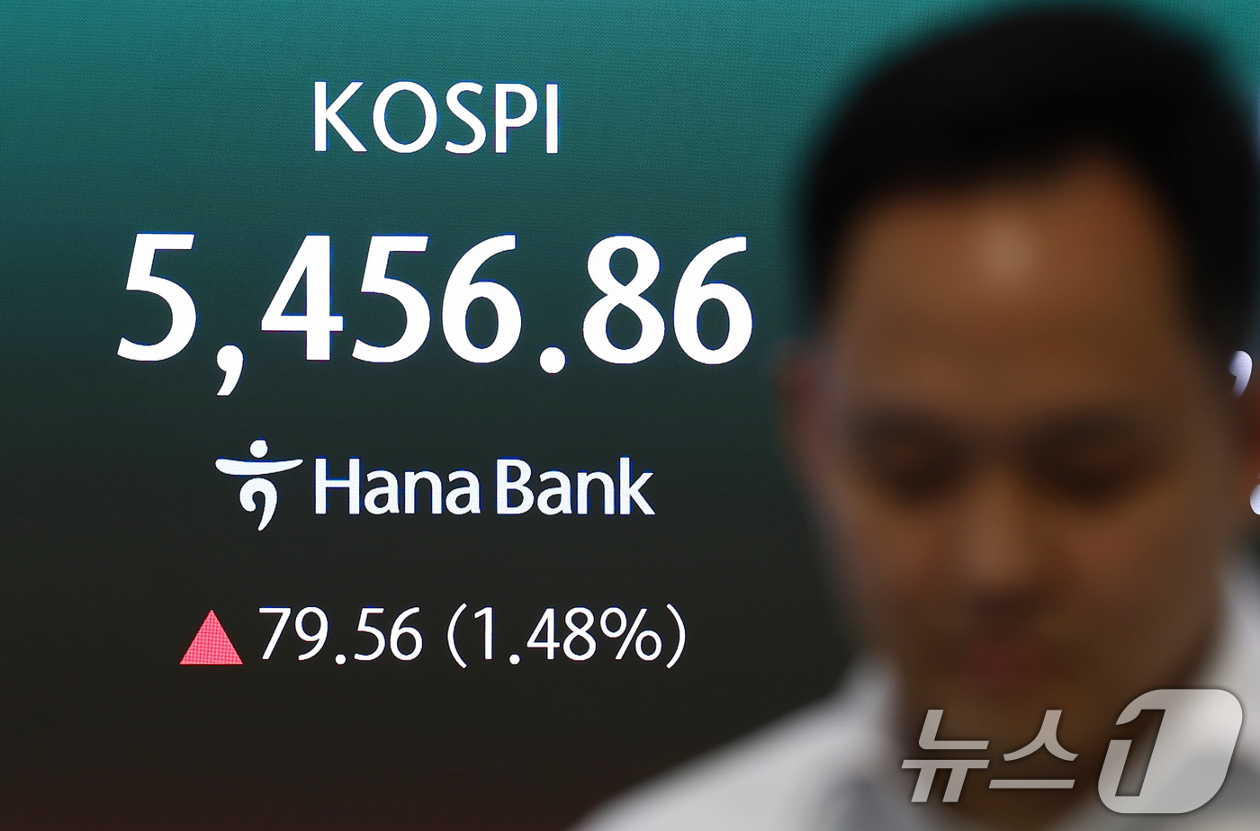 (서울=뉴스1) 김민지 기자 = 6일 오전 서울 중구 하나은행 딜링룸 전광판에 코스피 지수 등이 나오고 있다.이날 코스피는 전 거래일(5377.30)보다 46.05포인트(0.86% …