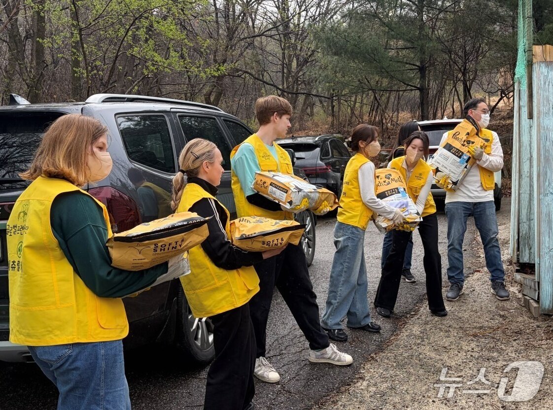 본문 이미지 - 글로벌 프렌즈 봉사단은 4일 경기 성남에 위치한 동물보호소에서 안드레의바다와 함께 봉사활동을 진행했다(네츄럴코어 제공). ⓒ 뉴스1