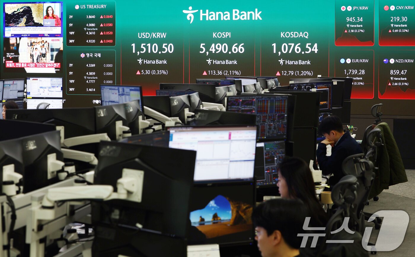 본문 이미지 - 6일 오전 서울 중구 하나은행 딜링룸 전광판에 코스피 지수 등이 나오고 있다.  2026.4.6 ⓒ 뉴스1 김민지 기자