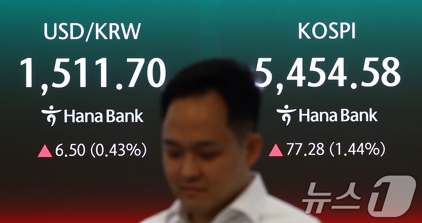 (서울=뉴스1) 김민지 기자 = 6일 오전 서울 중구 하나은행 딜링룸 전광판에 코스피 지수 등이 나오고 있다.이날 코스피는 전 거래일(5377.30)보다 46.05포인트(0.86% …