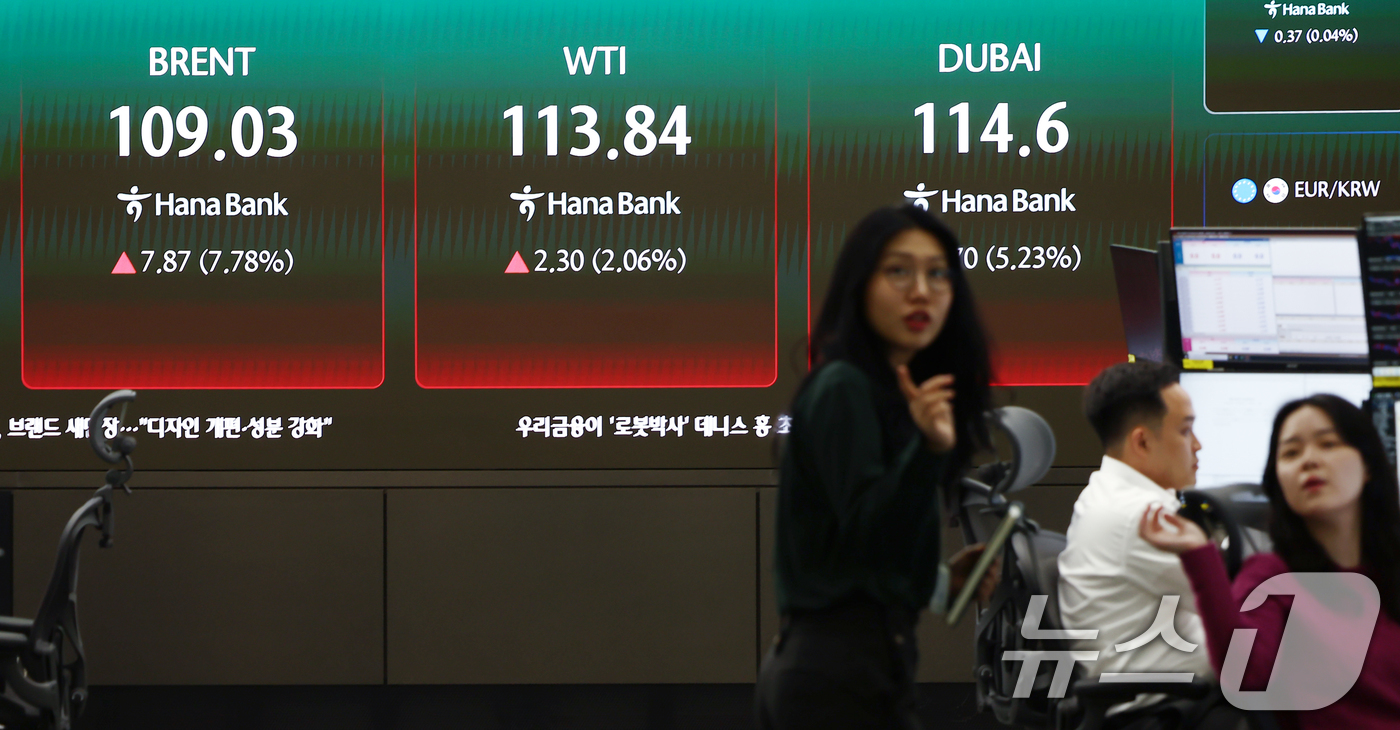 (서울=뉴스1) 김민지 기자 = 중동 긴장 고조 속에 국제유가가 오름세를 보인 6일 오전 서울 중구 하나은행 딜링룸 전광판에 서부텍사스원유(WTI), 브렌트유, 두바이유 선물 가격 …