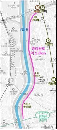 본문 이미지 - 중랑구 중화2동·묵2동 일대 중랑천로(태릉입구역~중랑역, 약 2.8㎞) 위치도.(서울시 제공)