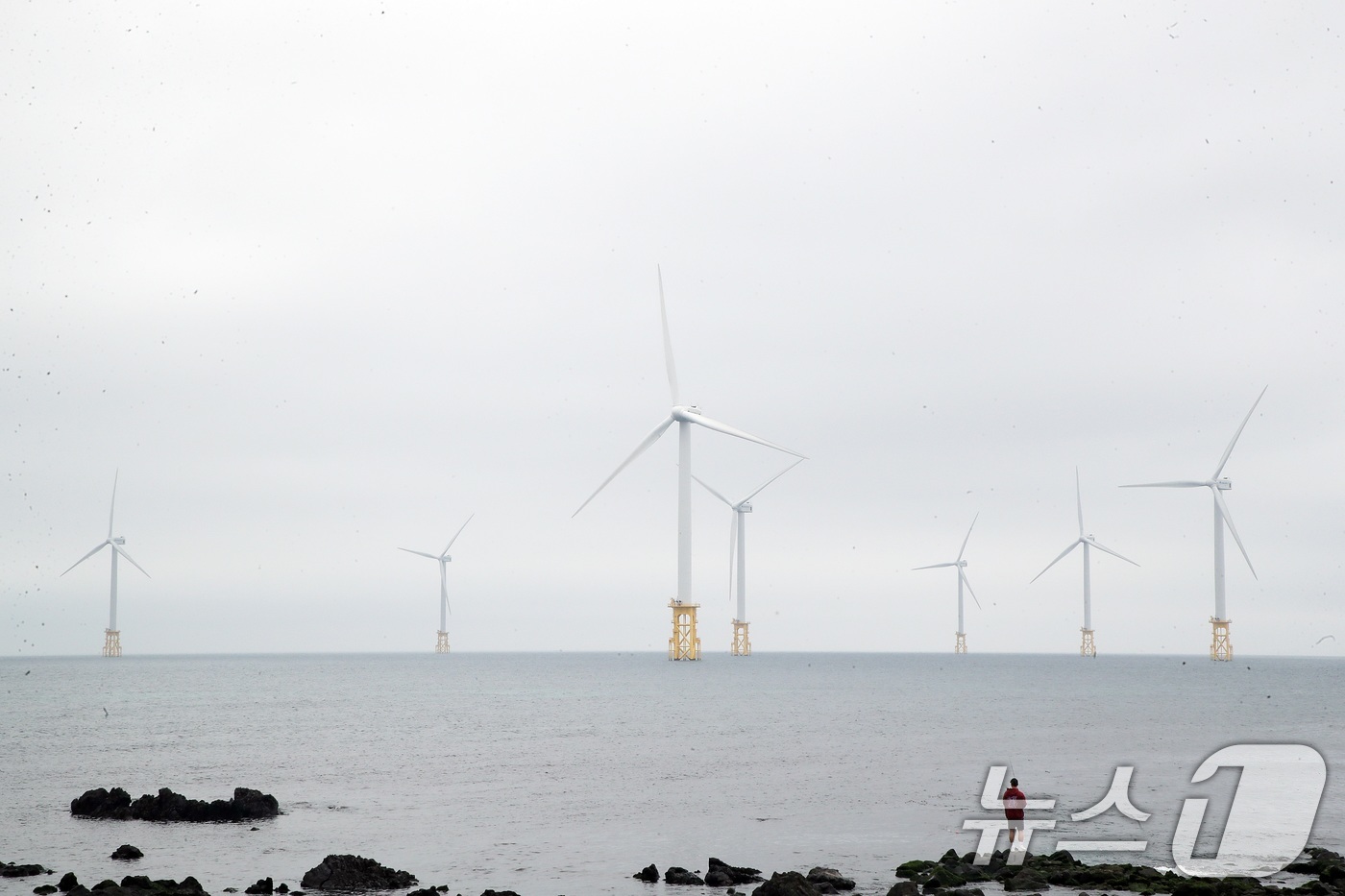 (제주=뉴스1) 고동명 기자 = 6일 제주시 한림읍 해안도로에서 바라본 한림해상풍력발전기의 모습이다.이재명 정부는 이날 재생에너지 중심으로 전력 체계를 전면 전환하고 산업·수송·난 …
