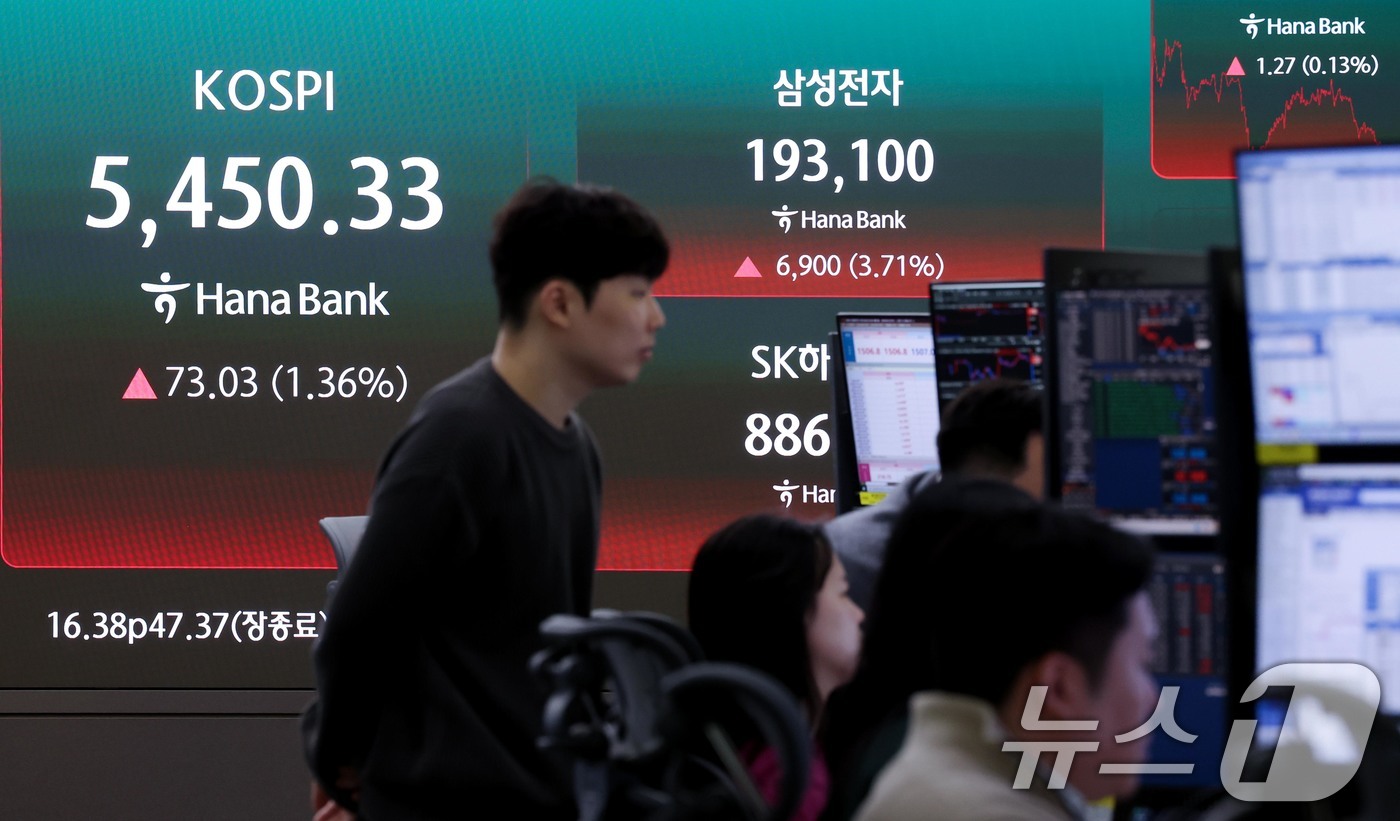 (서울=뉴스1) 조연우 인턴기자 = 삼성전자의 1분기 실적 발표가 하루 앞으로 다가온 가운데 6일 서울 중구 하나은행 딜링룸 전광판에 종가가 나오고 있다. 이날 코스피 지수는 전 …