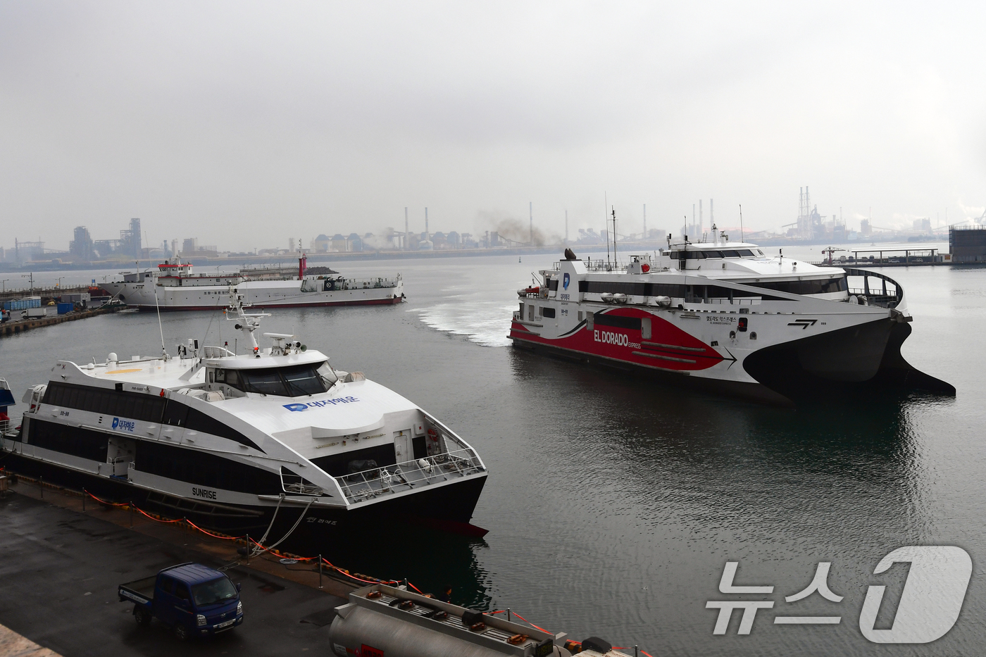 (포항=뉴스1) 최창호 기자 = 경북 포항여객선터미널에 포항~울릉 정기여객선인 대저페리의 엘도라도 익스프레스호가 정비를 마친 후 입항하고 있다. 이 배는 승객 970명과 화물 25 …