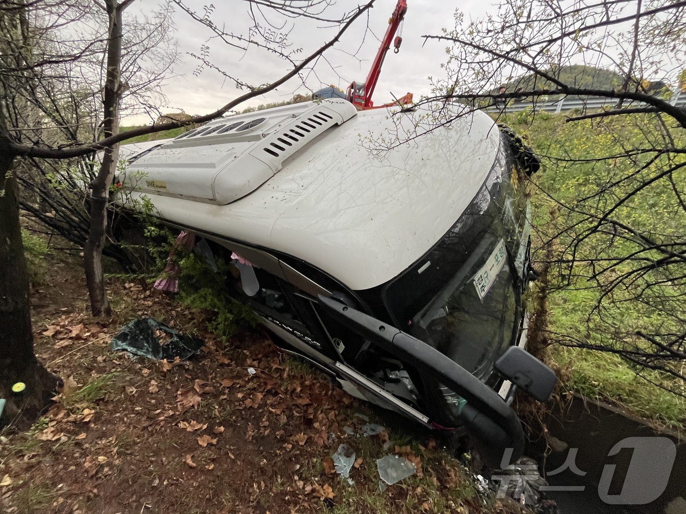(대구=뉴스1) 공정식 기자 = 6일 오후 4시10분쯤 대구 북구 팔달동 금호분기점 인근에서 28인승 시외버스 1대가 가드레일을 들이받은 후 5m 아래로 추락했다. 이 사고로 경상 …
