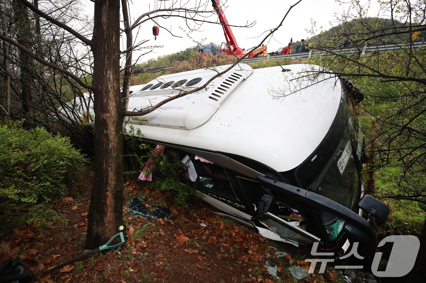 (대구=뉴스1) 공정식 기자 = 6일 오후 4시 10분쯤 대구 북구 팔달동 금호분기점 인근 고속도로에서 승객 8명이 탑승한 시외버스 1대가 가드레일을 들이받은 후 약 10m 아래로 …