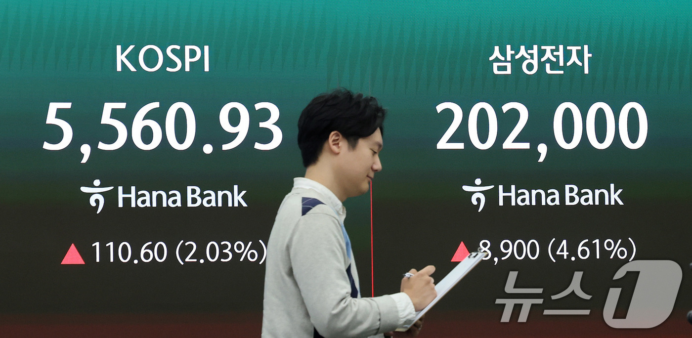 (서울=뉴스1) 박지혜 기자 = 코스피 지수가 휴전 기대감과 삼성전자 어닝 서프라이즈에 힘입어 상승 출발한 7일 서울 중구 하나은행 딜링룸 현황판에 증시 시황이 표시되고 있다. 2 …