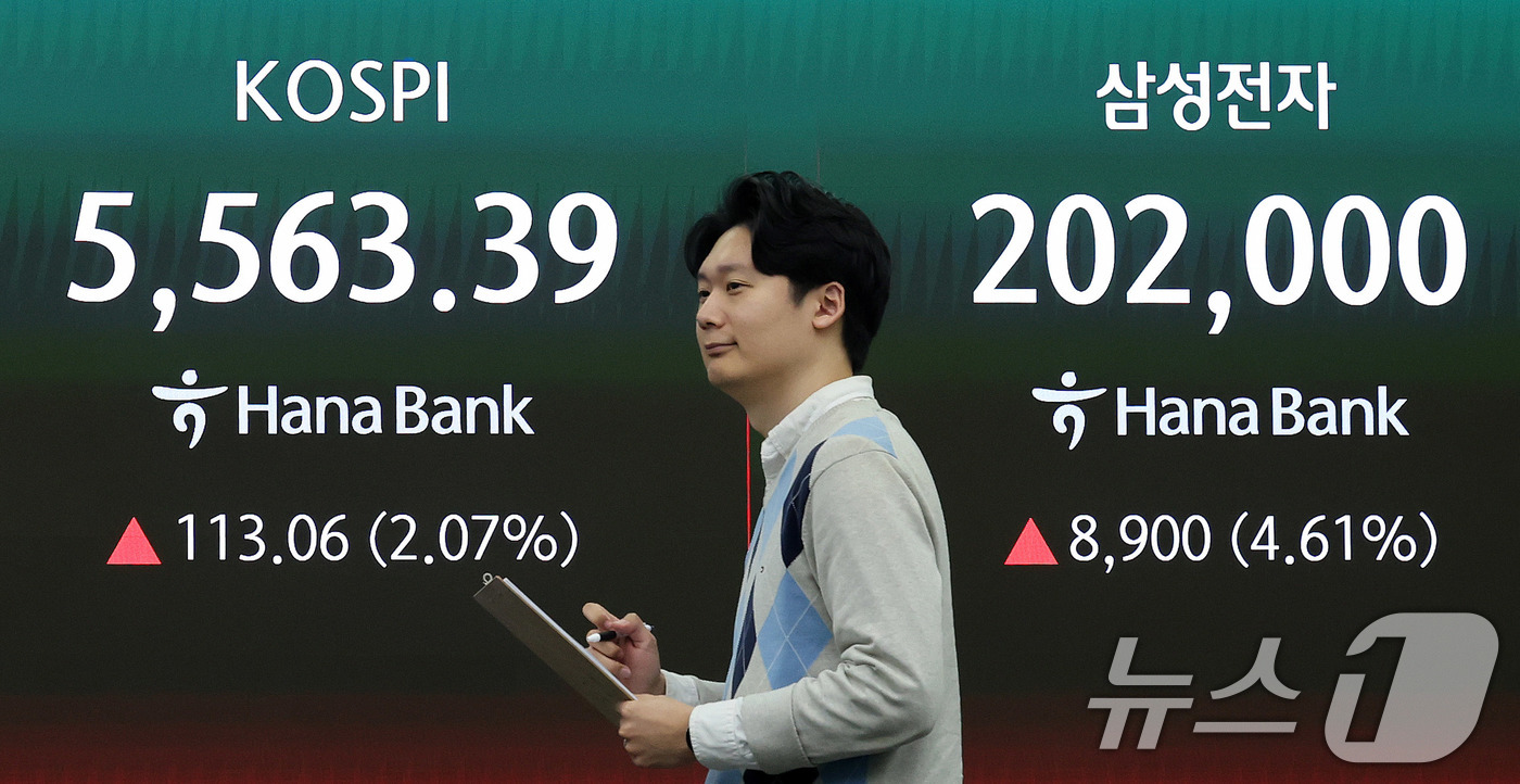 (서울=뉴스1) 박지혜 기자 = 코스피 지수가 휴전 기대감과 삼성전자 어닝 서프라이즈에 힘입어 상승 출발한 7일 서울 중구 하나은행 딜링룸 현황판에 증시 시황이 표시되고 있다. 2 …