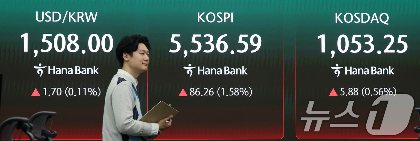 (서울=뉴스1) 박지혜 기자 = 코스피 지수가 휴전 기대감과 삼성전자 어닝 서프라이즈에 힘입어 상승 출발한 7일 서울 중구 하나은행 딜링룸 현황판에 증시 시황이 표시되고 있다. 2 …