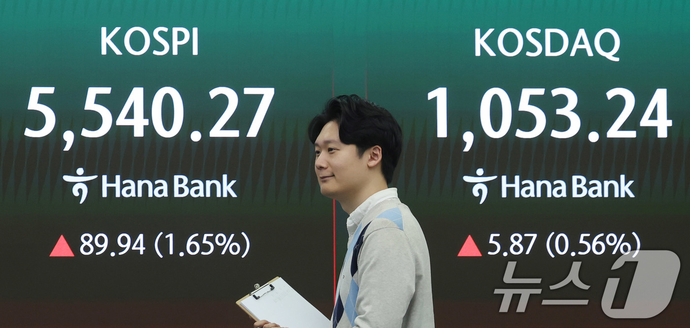 (서울=뉴스1) 박지혜 기자 = 코스피 지수가 휴전 기대감과 삼성전자 어닝 서프라이즈에 힘입어 상승 출발한 7일 서울 중구 하나은행 딜링룸 현황판에 증시 시황이 표시되고 있다. 2 …