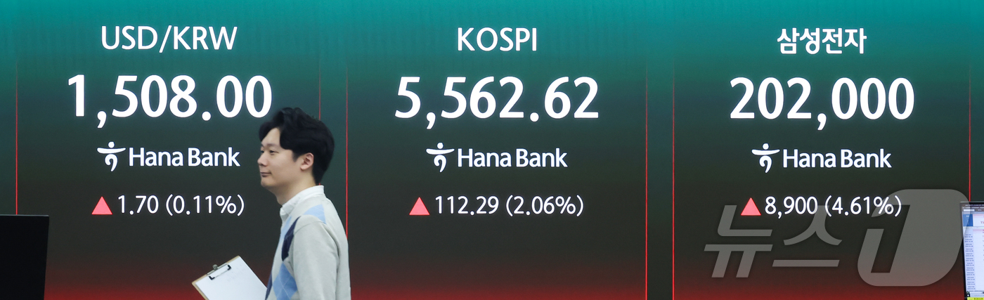 (서울=뉴스1) 이종수 인턴기자 = 코스피와 코스닥이 동반 상승 출발한 7일 오전 서울 중구 하나은행 딜링룸 현황판에 환율·코스피·삼성전자 주가가 표시되고 있다. 2026.4.7/ …
