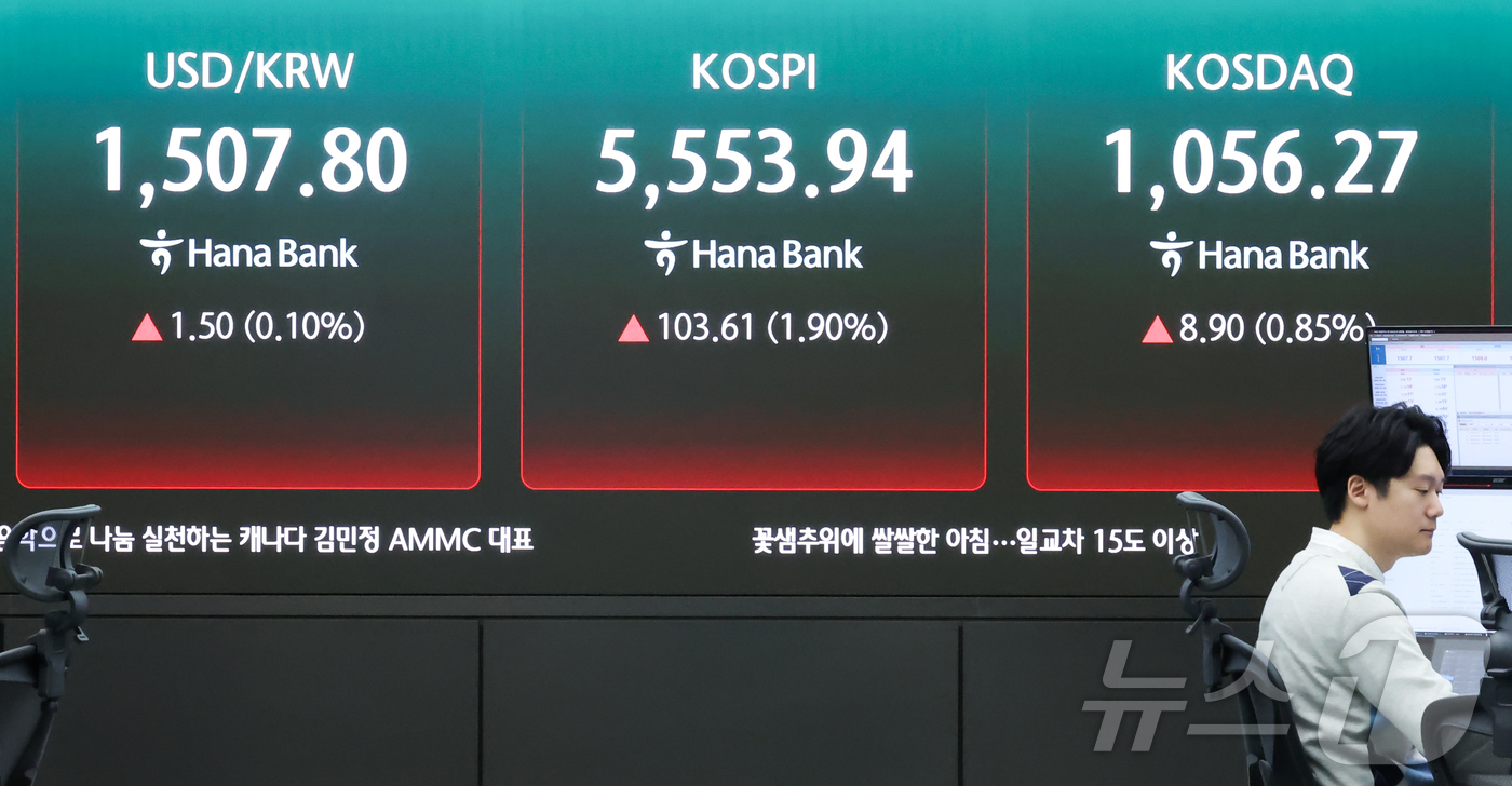 (서울=뉴스1) 이종수 인턴기자 = 코스피와 코스닥이 동반 상승 출발한 7일 오전 서울 중구 하나은행 딜링룸 현황판에 환율·코스피·코스닥 지수가 표시되고 있다. 2026.4.7/뉴 …