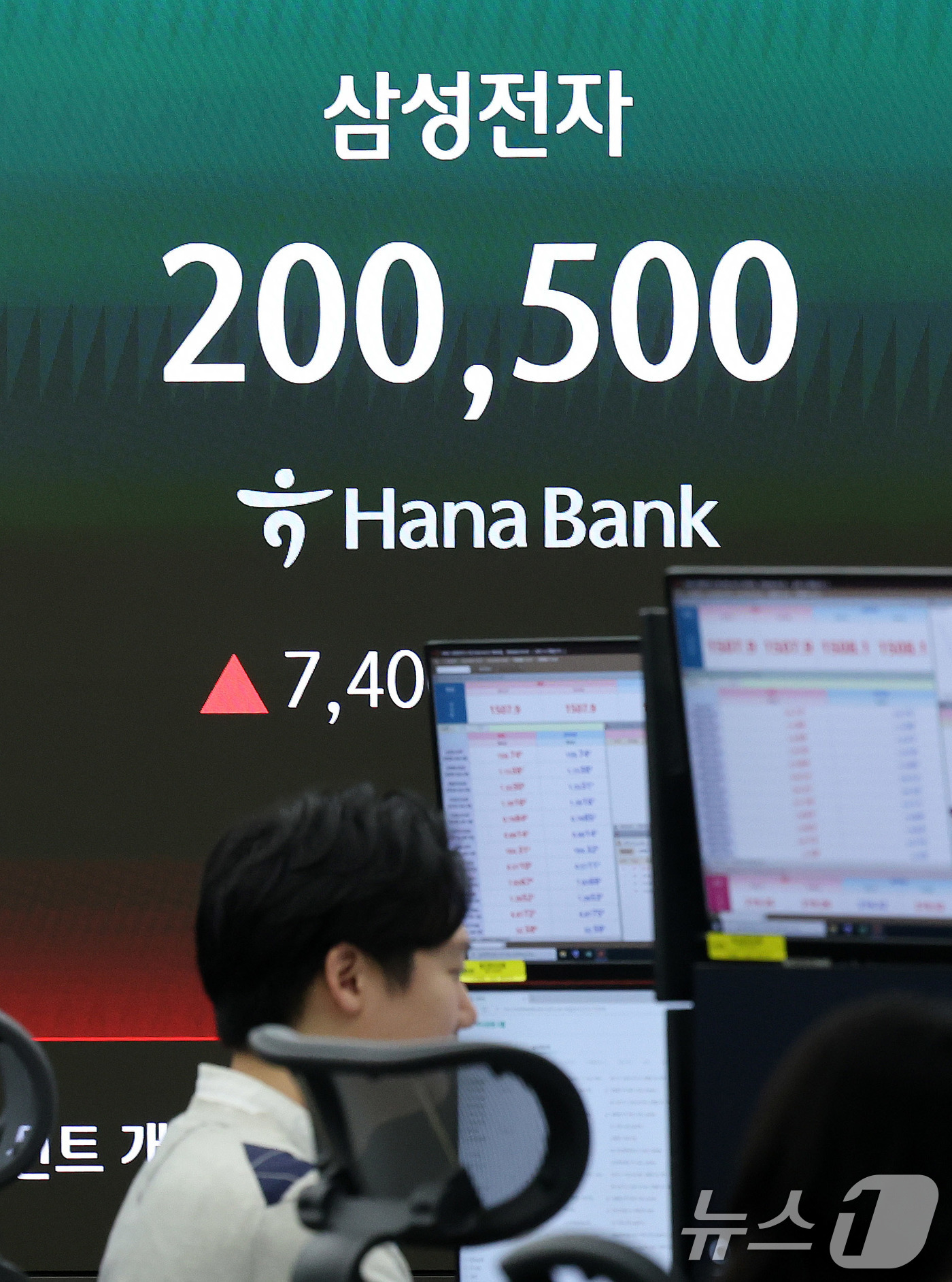 (서울=뉴스1) 박지혜 기자 = 7일 오전 서울 중구 하나은행 딜링룸에서 딜러들이 업무를 보고 있다.이날 1분기 매출 영업익 57조를 발표한 삼성전자는 3.57% 올라 '20만전자 …