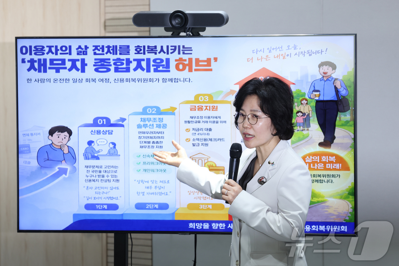 (서울=뉴스1) 임지훈 인턴기자 = 김은경 서민금융진흥원장 겸 신용회복위원장이 7일 서울 중구 서민금융진흥원 대교육장에서 열린 취임 100일 기념 기자간담회에서 공통 질문에 답을 …