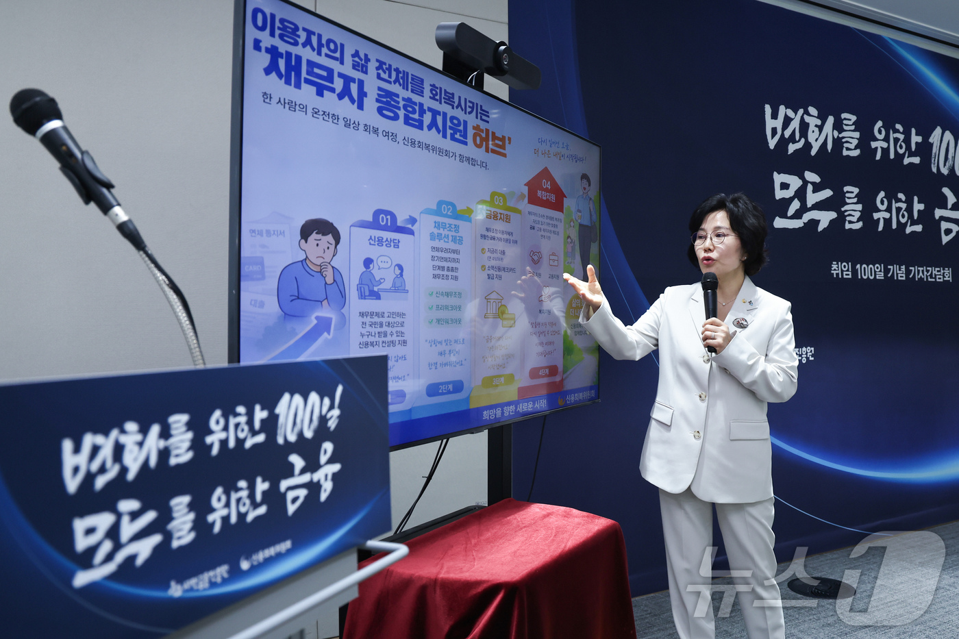 (서울=뉴스1) 임지훈 인턴기자 = 김은경 서민금융진흥원장 겸 신용회복위원장이 7일 서울 중구 서민금융진흥원 대교육장에서 열린 취임 100일 기념 기자간담회에서 공통 질문에 답을 …