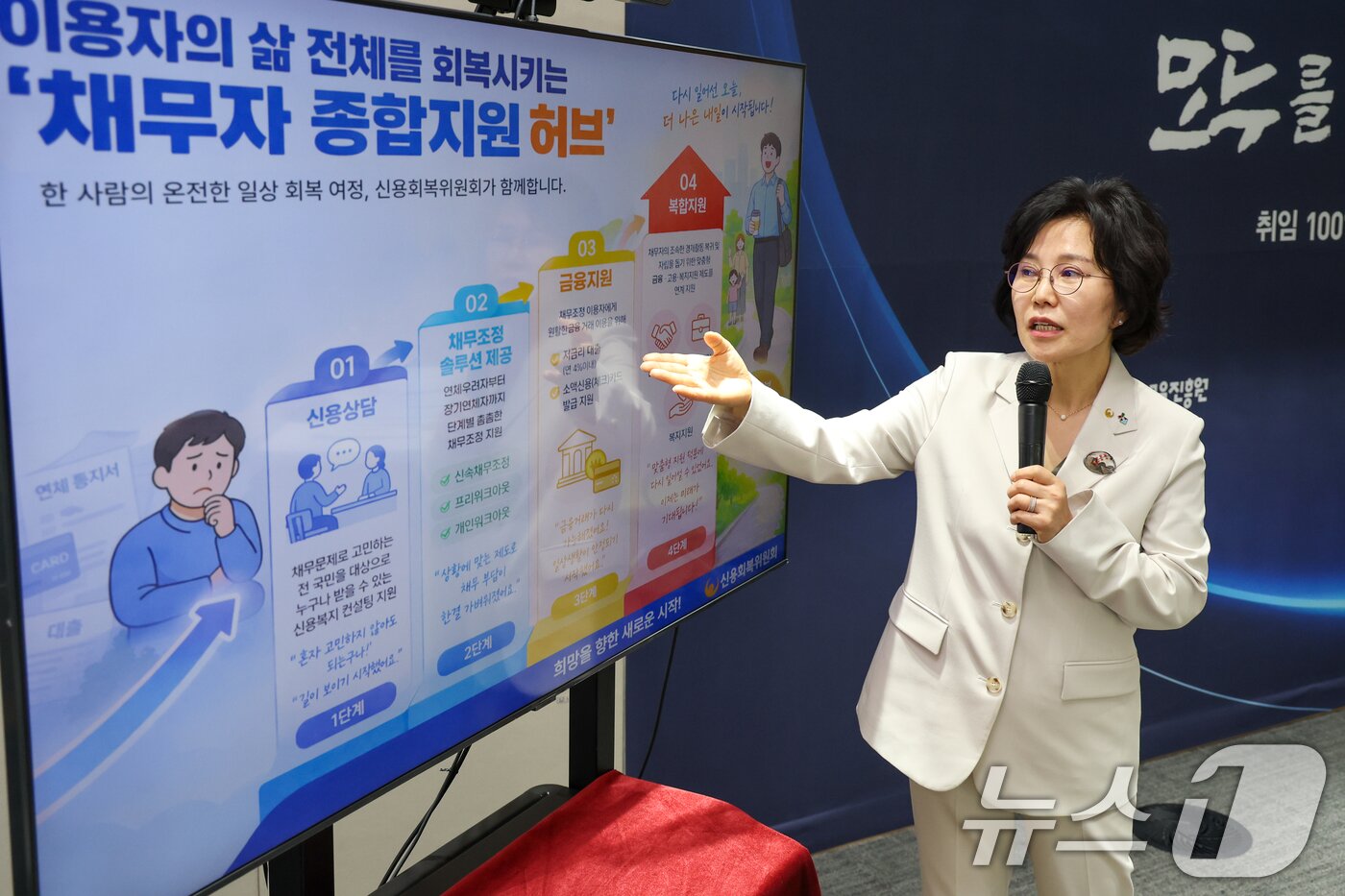 본문 이미지 - 김은경 서민금융진흥원장 겸 신용회복위원장이 7일 오전 서울 중구 서민금융진흥원에서 열린 취임 100일 기념 기자간담회에 참석해 서금원과 신복위의 올해 정책방향과 목표, 중점추진과제에 관해 답변하고 있다. 2026.4.7 ⓒ 뉴스1 안은나 기자