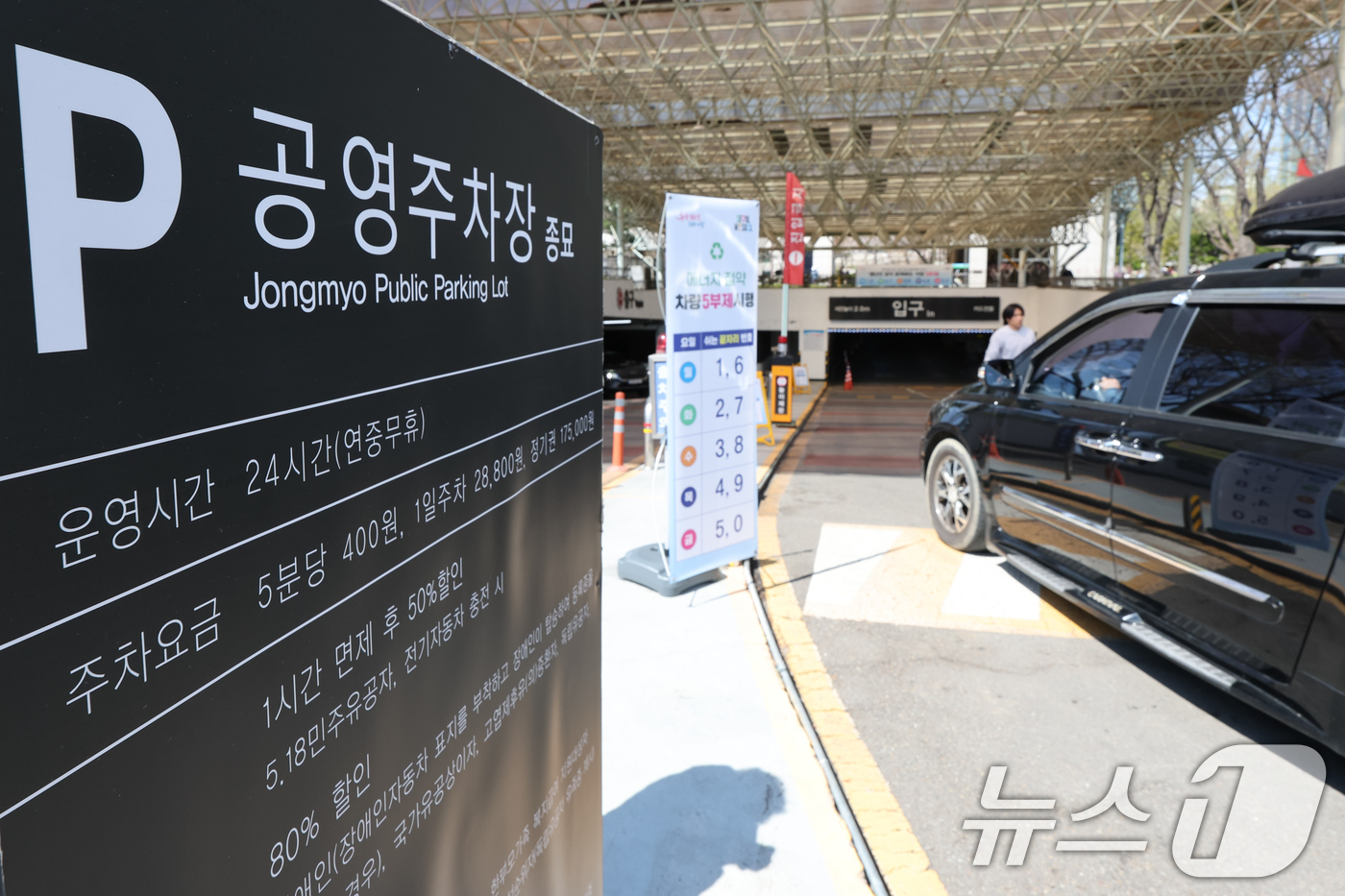 (서울=뉴스1) 안은나 기자 = 공영주차장 차량 5부제 시행을 하루 앞둔 7일 서울 종로구 종묘 공영주차장에 관련 안내문이 걸려 있다.서울시는 중동전쟁 장기화에 따라 오는 8일부터 …
