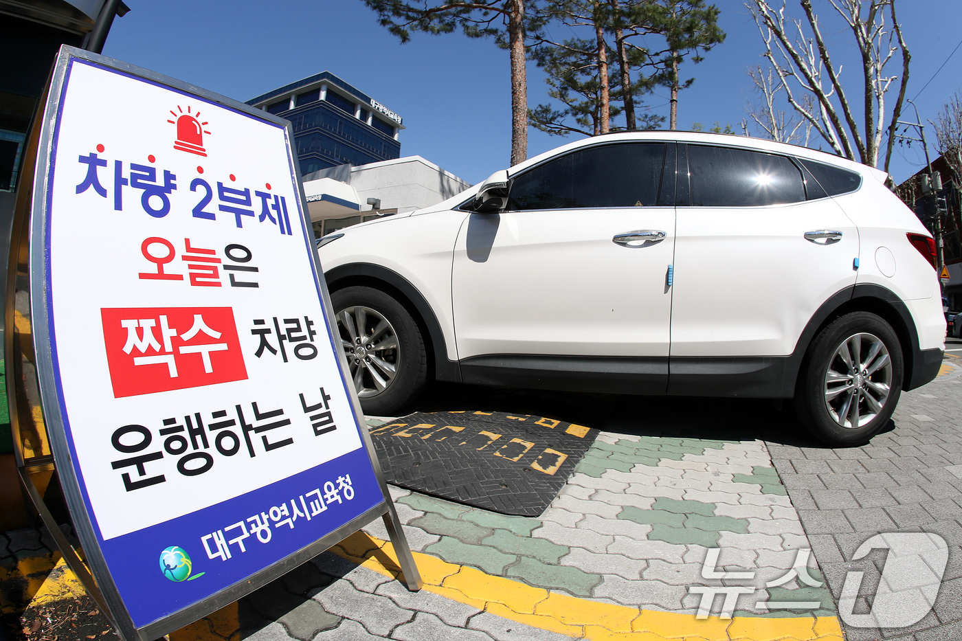 (대구=뉴스1) 공정식 기자 = '공공기관 차량 2부제' 시행을 하루 앞둔 7일 오후 대구시교육청 관계자들이 정문 차량 출입구에 차량 2부제를 알리는 입간판을 설치하고 있다. 20 …