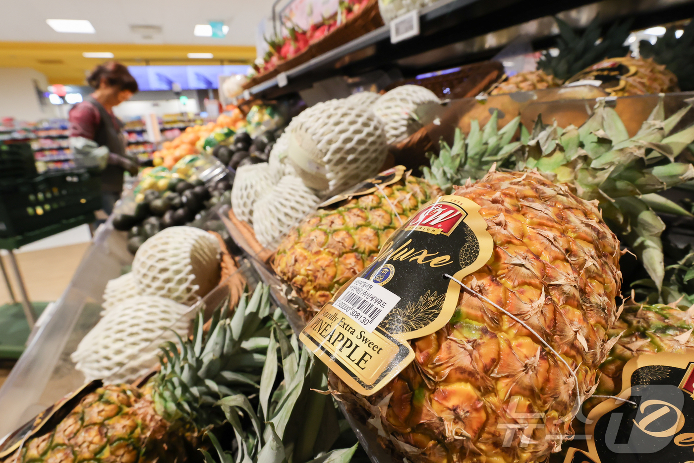 (서울=뉴스1) 이종수 인턴기자 = 7일 오후 서울 시내 한 대형마트에 필리핀산 파인애플이 진열돼 있다.최근 장기화되는 중동 전쟁 여파로 환율이 상승하면서 수입 식품 물가도 오름세 …