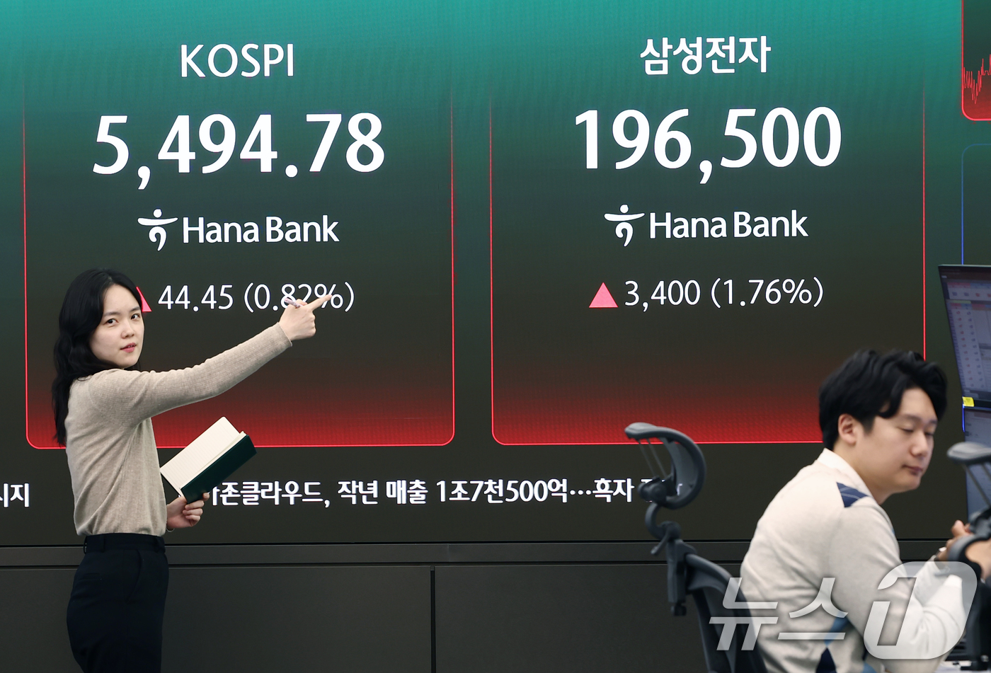 (서울=뉴스1) 김민지 기자 = 삼성전자가 올해 1분기 매출액 133조원, 영업이익 57조2000억원으로 역대 최대 실적을 기록한 7일 오후 서울 중구 하나은행 딜링룸 전광판에 종 …