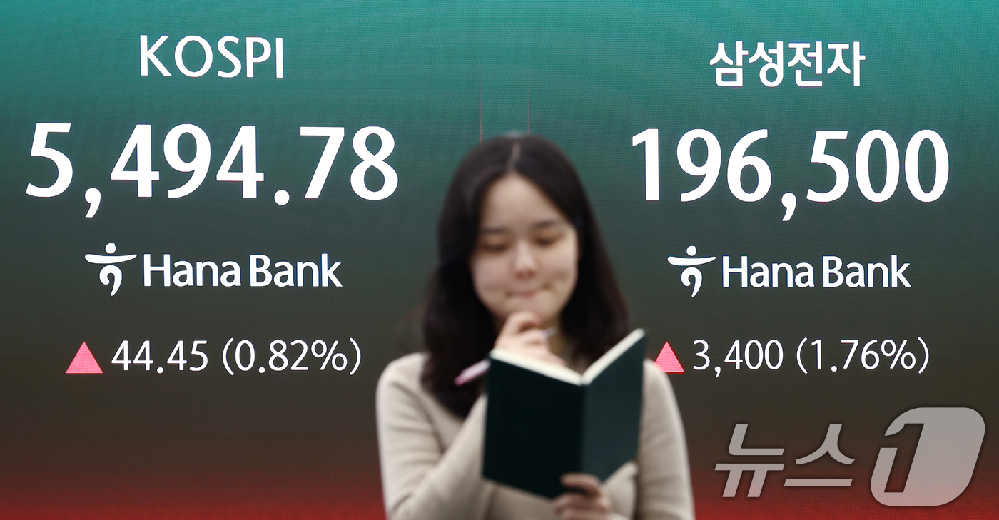 (서울=뉴스1) 김민지 기자 = 삼성전자가 올해 1분기 매출액 133조원, 영업이익 57조2000억원으로 역대 최대 실적을 기록한 7일 오후 서울 중구 하나은행 딜링룸 전광판에 종 …