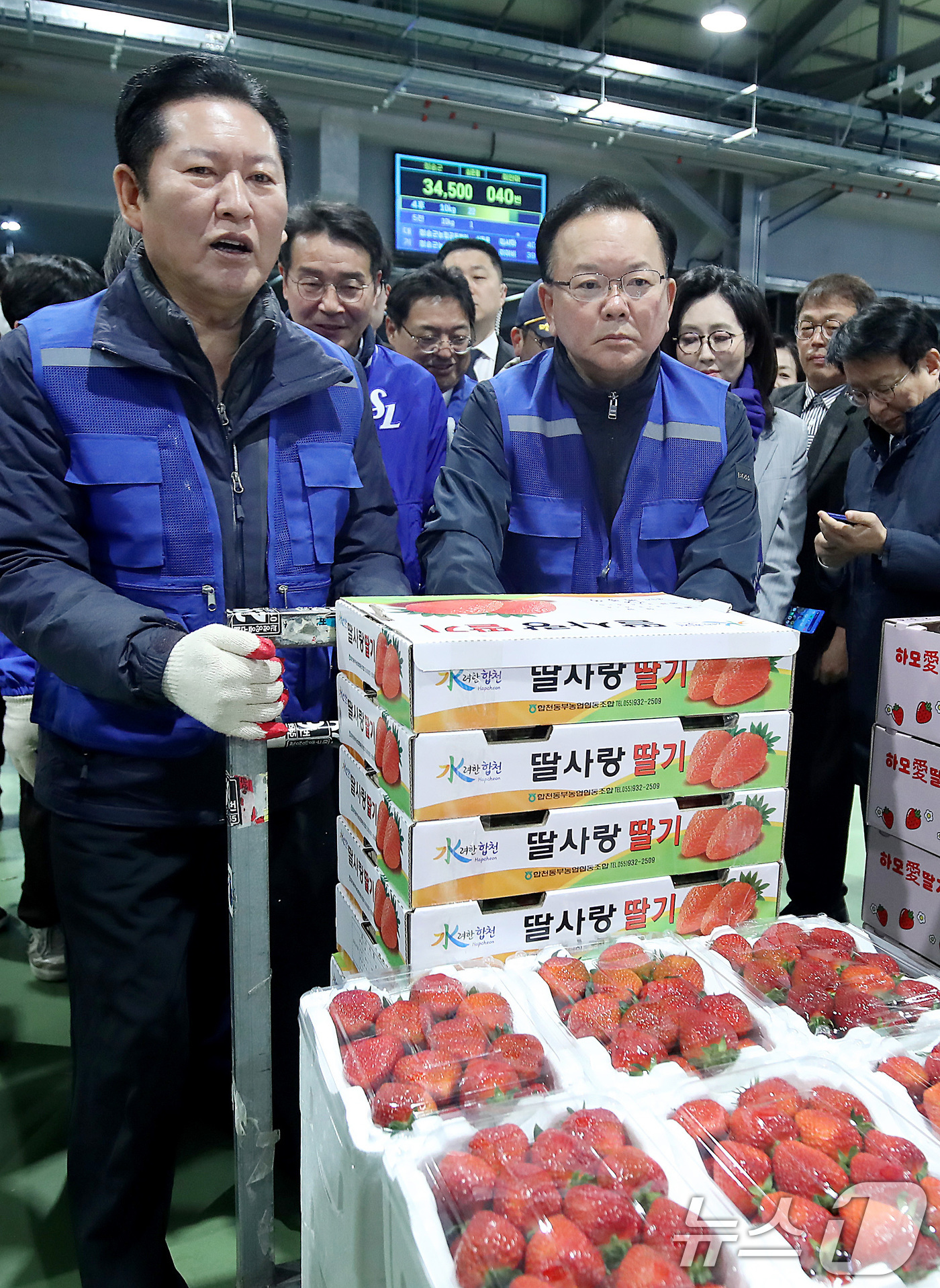 (대구=뉴스1) 공정식 기자 = 8일 오전 대구 북구 대구농수산물도매시장에서 민생 현장 체험에 나선 정청래 더불어민주당 대표와 대구시장 선거에 출마한 김부겸 전 총리가 경매에서 낙 …