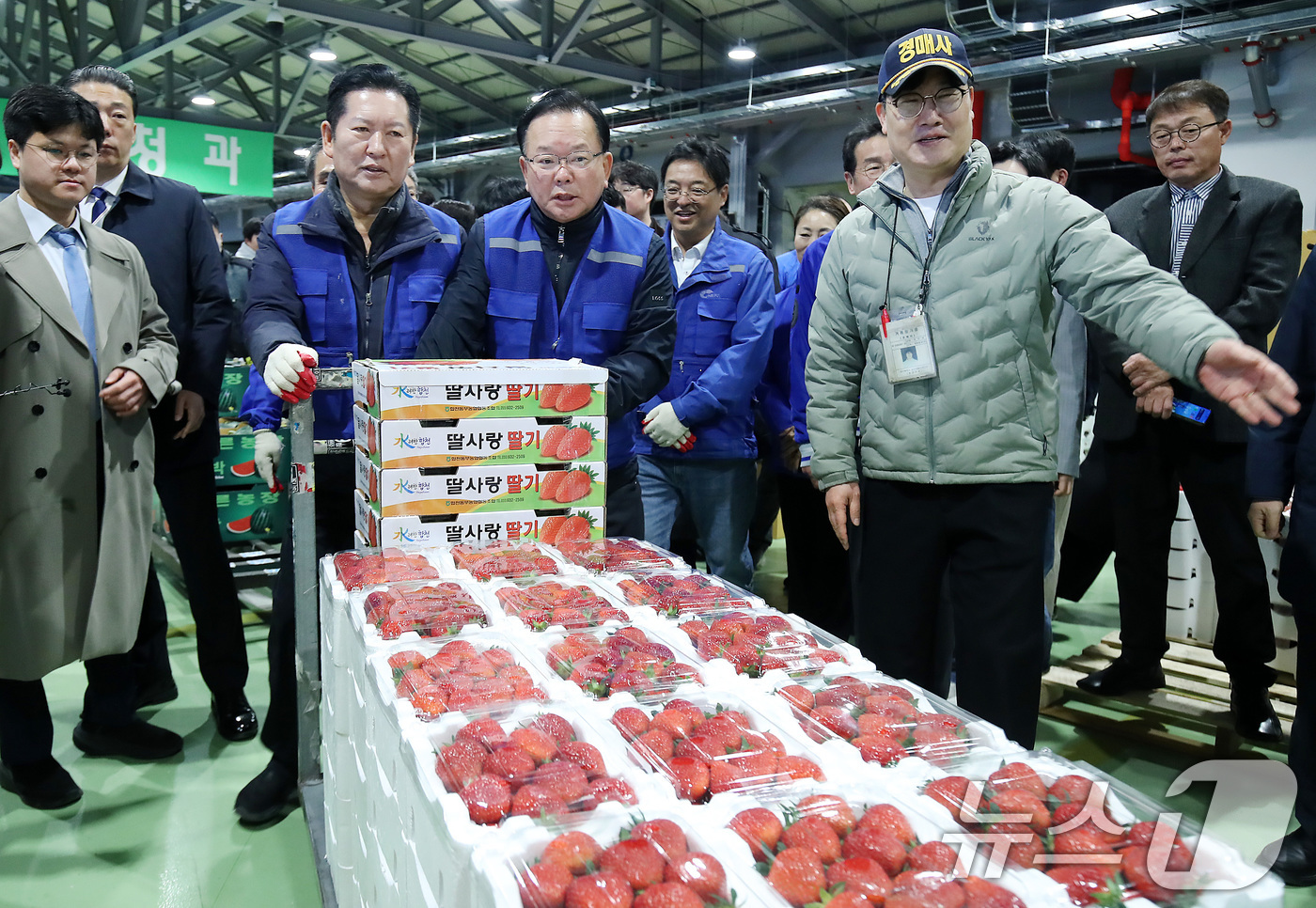 (대구=뉴스1) 공정식 기자 = 8일 오전 대구 북구 대구농수산물도매시장에서 민생 현장 체험에 나선 정청래 더불어민주당 대표와 대구시장 선거에 출마한 김부겸 전 총리가 경매에서 낙 …