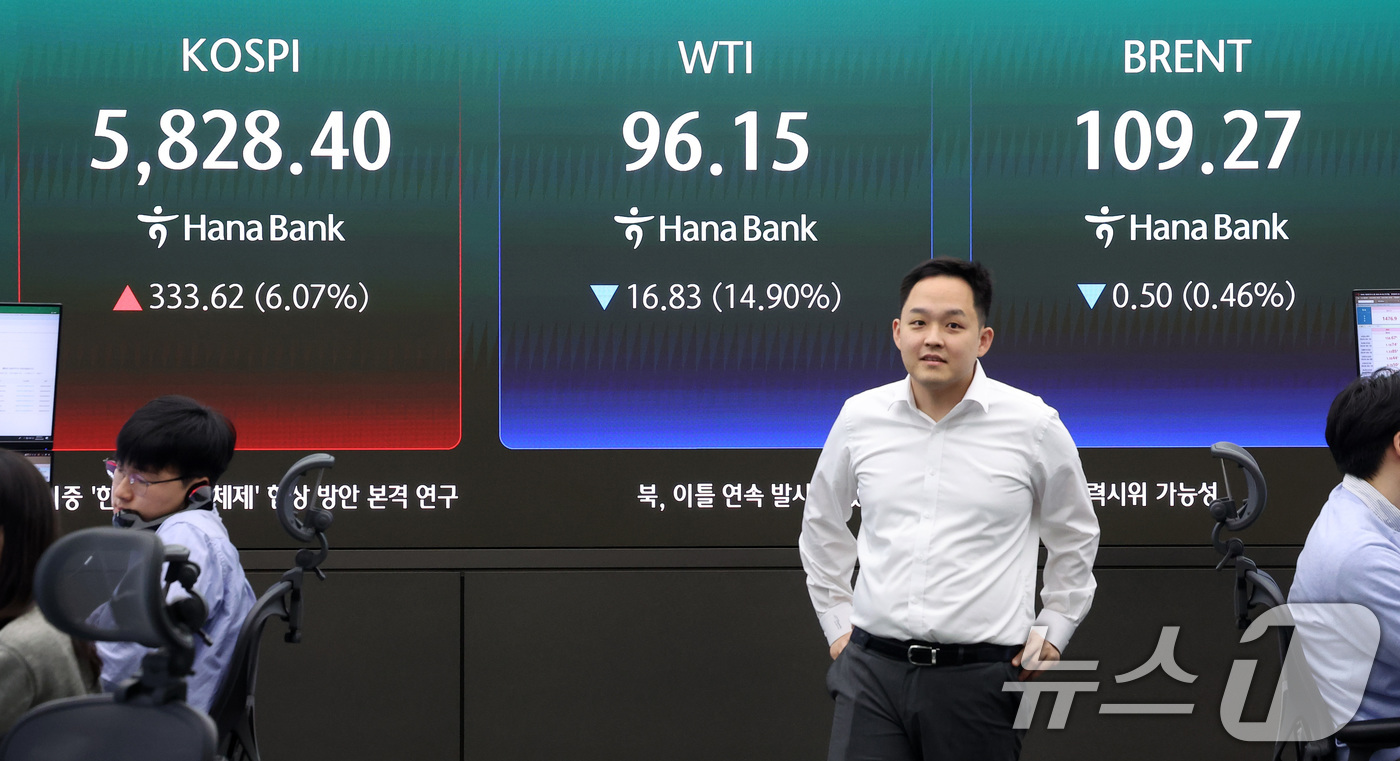 (서울=뉴스1) 김성진 기자 = 미국과 이란의 2주간 휴전에 매수 사이드카가 발동한 8일 오전 서울 중구 하나은행 본점 딜링룸에 개장 시황이 나오고 있다.이날 코스피는 8일 오전 …