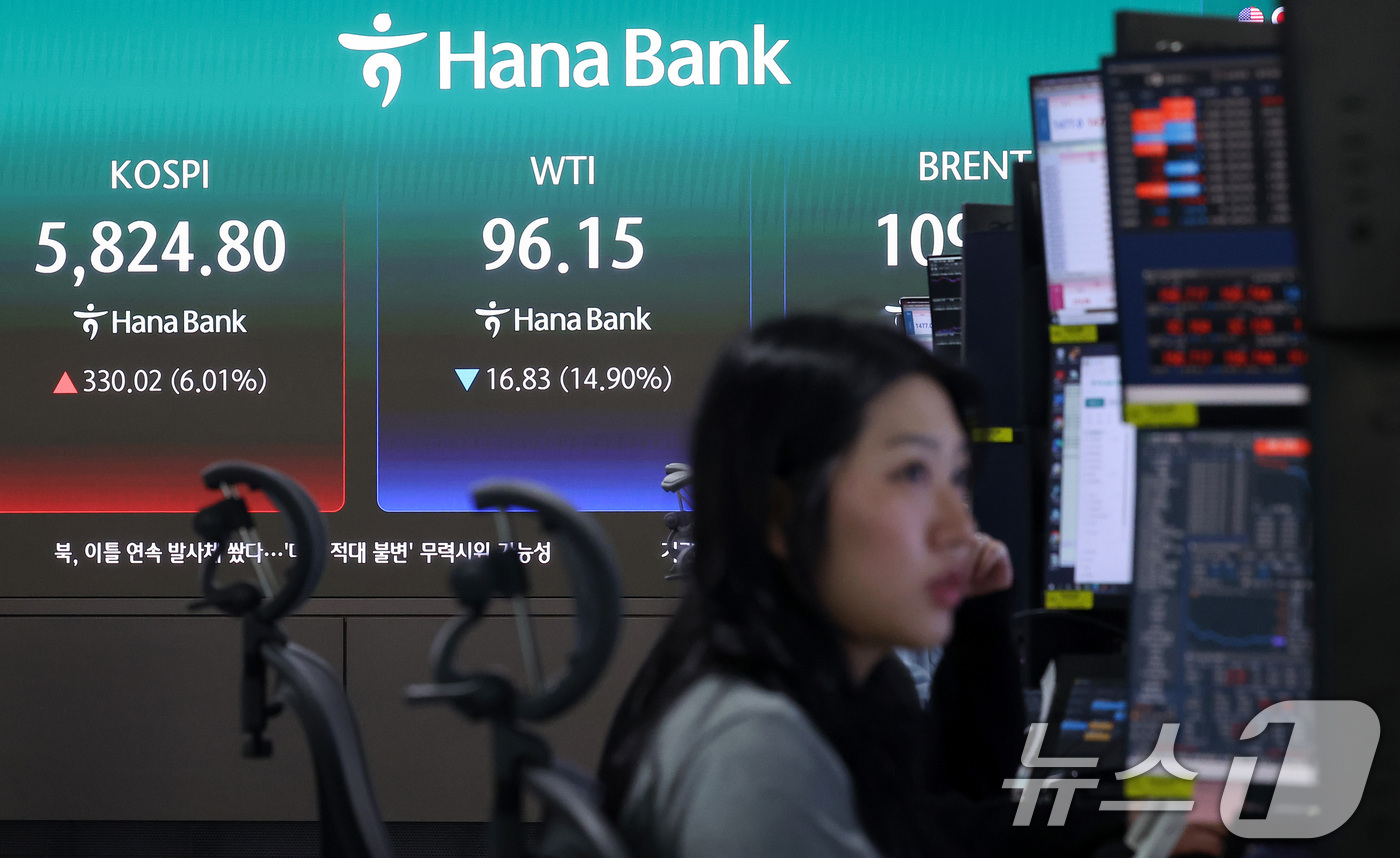 (서울=뉴스1) 김성진 기자 = 미국과 이란의 2주간 휴전에 매수 사이드카가 발동한 8일 오전 서울 중구 하나은행 본점 딜링룸에 개장 시황이 나오고 있다.이날 코스피는 8일 오전 …