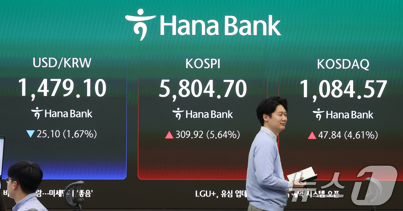 (서울=뉴스1) 김성진 기자 = 미국과 이란의 2주간 휴전에 매수 사이드카가 발동한 8일 오전 서울 중구 하나은행 본점 딜링룸에 개장 시황이 나오고 있다.이날 코스피는 8일 오전 …