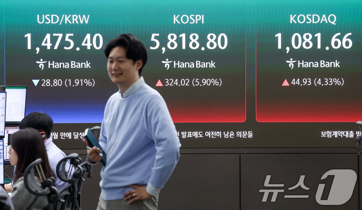 본문 이미지 - 미국과 이란의 2주간 휴전에 매수 사이드카가 발동한 8일 오전 서울 중구 하나은행 본점 딜링룸에 개장 시황이 나오고 있다. 2026.4.8 ⓒ 뉴스1 김성진 기자