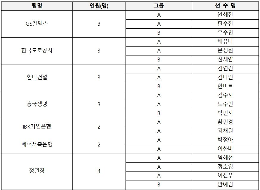본문 이미지 - 여자부 FA 명단. (KOVO 제공)