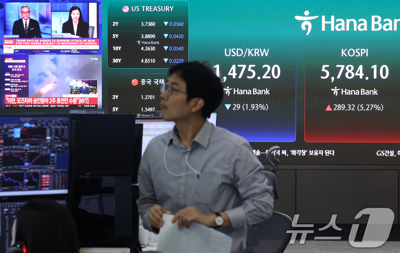 (서울=뉴스1) 김성진 기자 = 미국과 이란의 2주간 휴전에 매수 사이드카가 발동한 8일 오전 서울 중구 하나은행 본점 딜링룸에 개장 시황이 나오고 있다.이날 코스피는 8일 오전 …