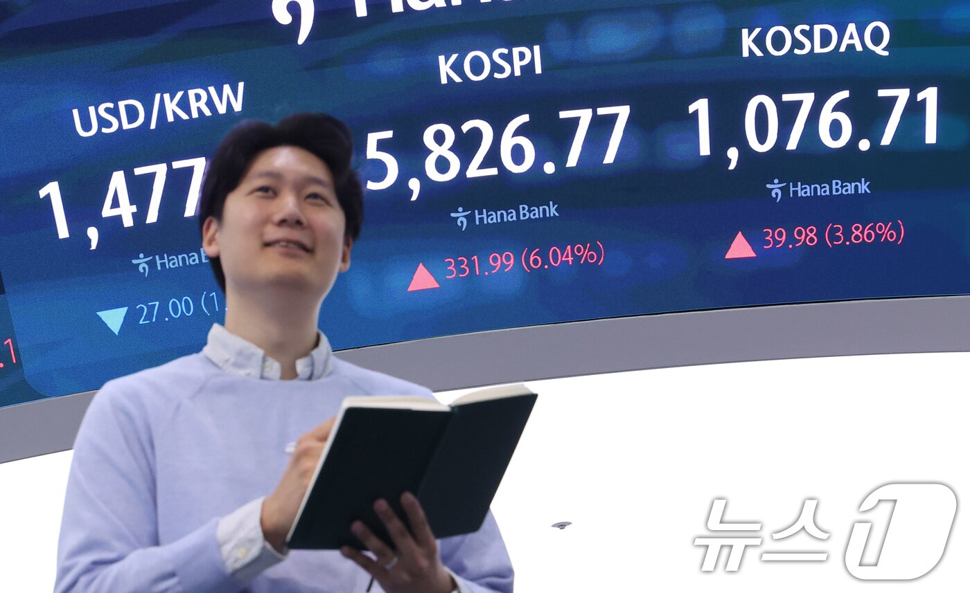 본문 이미지 - 미국과 이란의 2주간 휴전에 매수 사이드카가 발동한 8일 오전 서울 중구 하나은행 본점 딜링룸에 개장 시황이 나오고 있다. 2026.4.8 ⓒ 뉴스1 김성진 기자