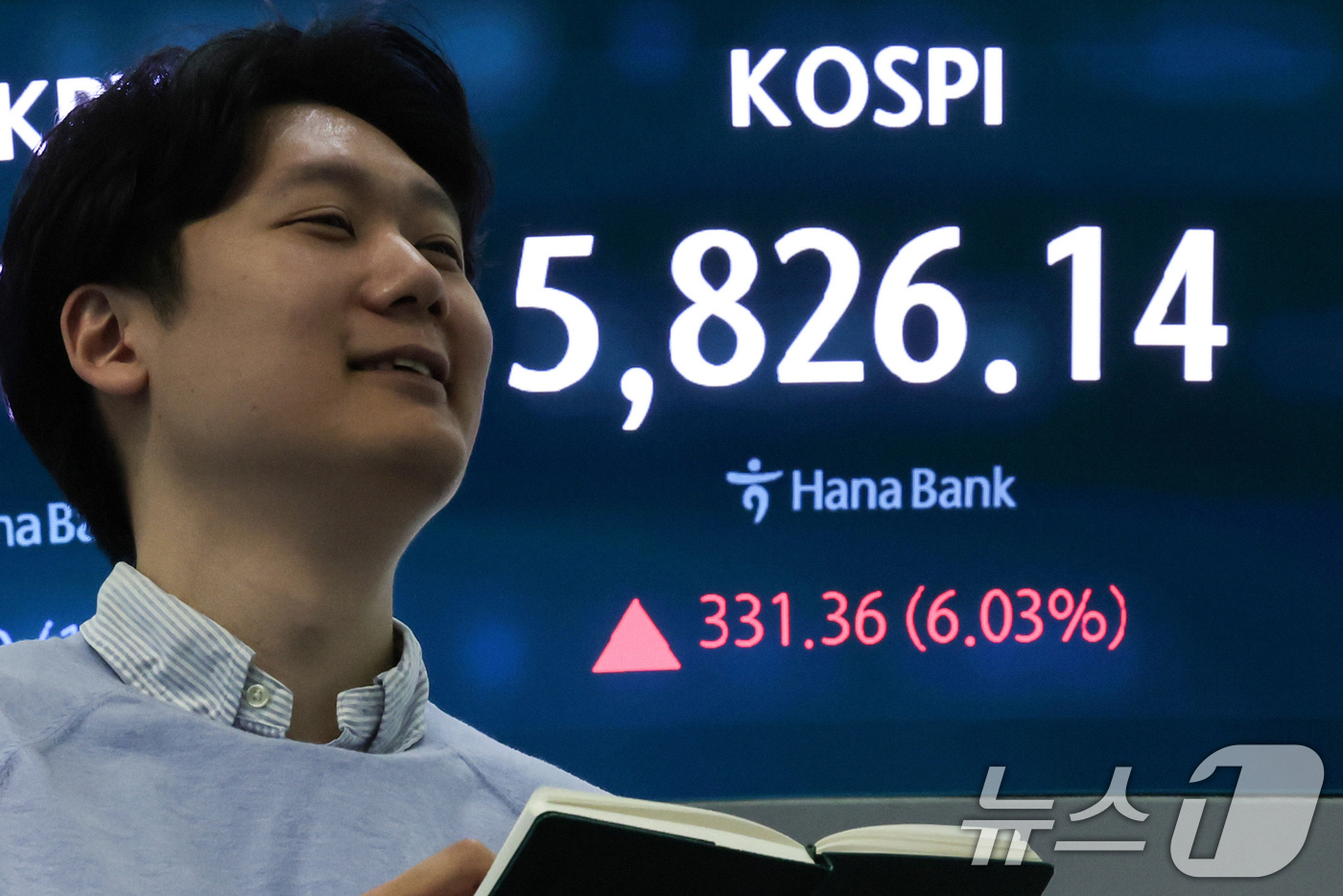 (서울=뉴스1) 임지훈 인턴기자 = 도널드 트럼프 미국 대통령이 이란에 대한 공격을 2주간 중단한다고 밝힌 8일 오전 서울 중구 하나은행 딜링룸 전광판에 코스피 지수가 표시되고 있 …